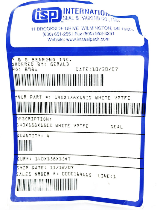 P&G Bearing 6" White Ring Seal 140X158X15IS [Lot of 4] NOS