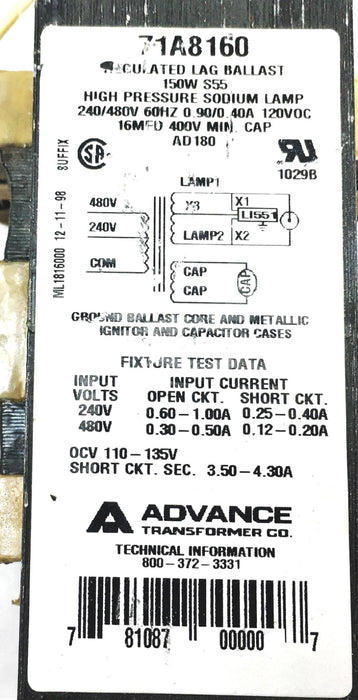Advance 150W S55 High Pressure Sodium Regulated Lag Ballast 71A8160 USED