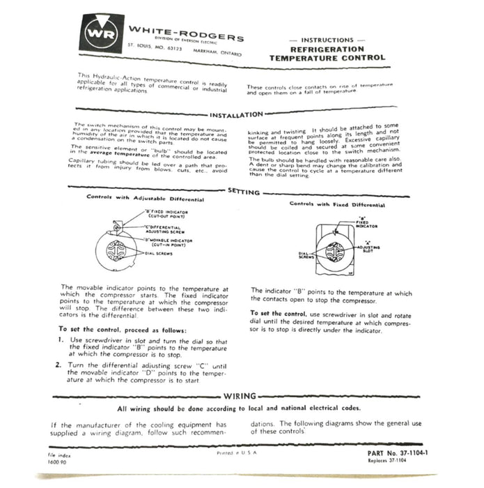 White-Rodgers Refrigeration Temperature Control 37-1104-1 NOS