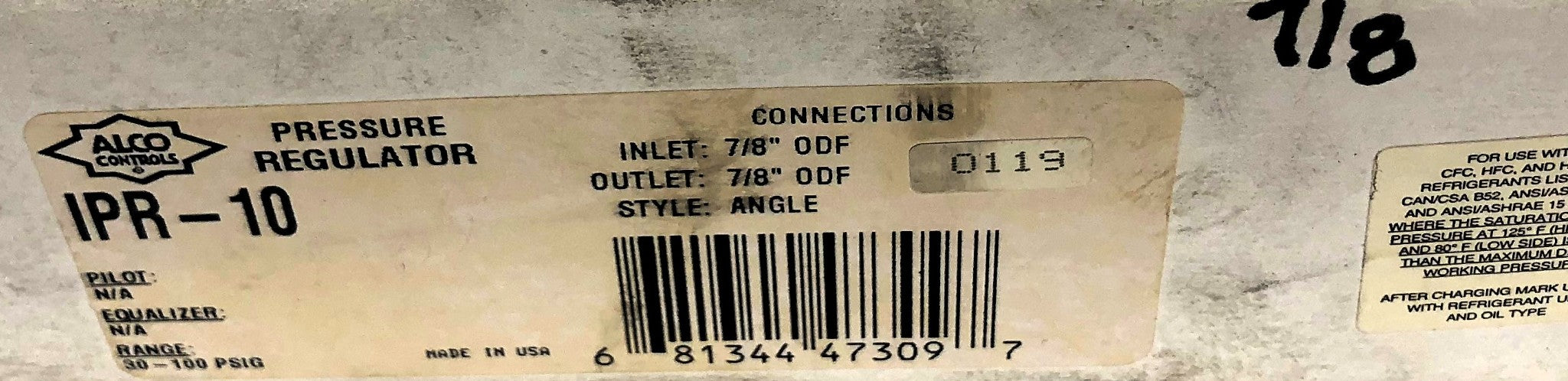 Alco Controls 7/8" ODF Pressure Regulator IPR-10 NOS