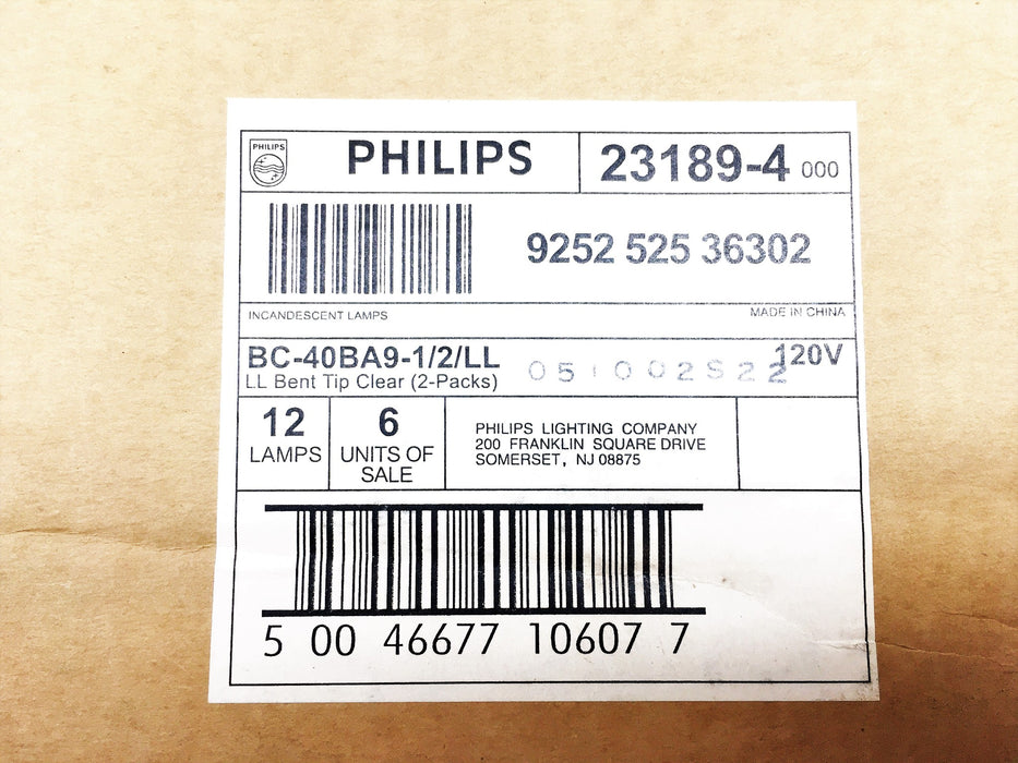 Philips 2-Pack LL Bent Tip Clear Incandescent Lamps Box of 6 BC-40BA9-1/2/LL NOS