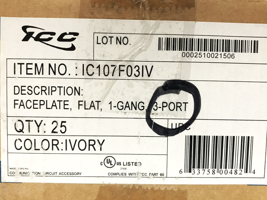 ICC 1-Gang 3-Port Plastic Ivory Faceplate IC107F03IV [Lot of 25] NOS