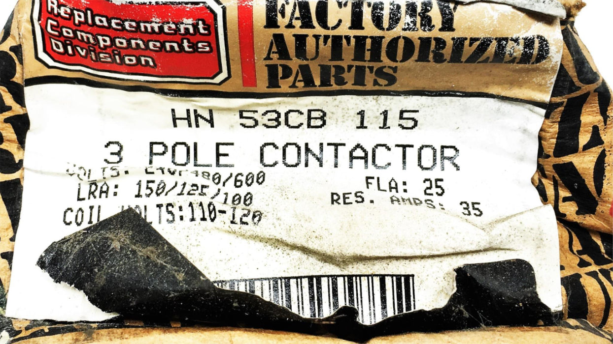 Carrier, 240/480/600V 150/125/100LRA 25FLA 35A 3 Pole Contactor HN53CB115 NOS