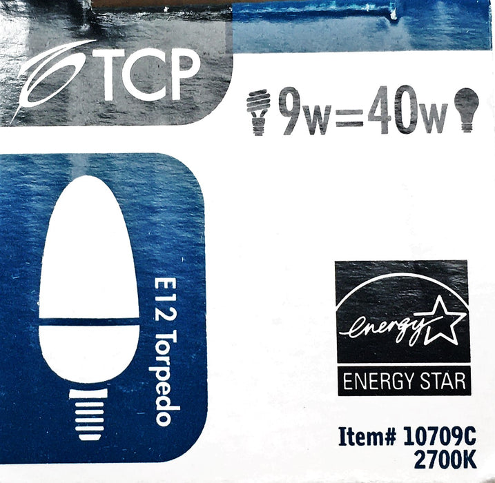 TCP 450 Lumen Compact Fluorescent E12 Torpedo Bulb 10709C (2700K) [Lot of 6] NOS