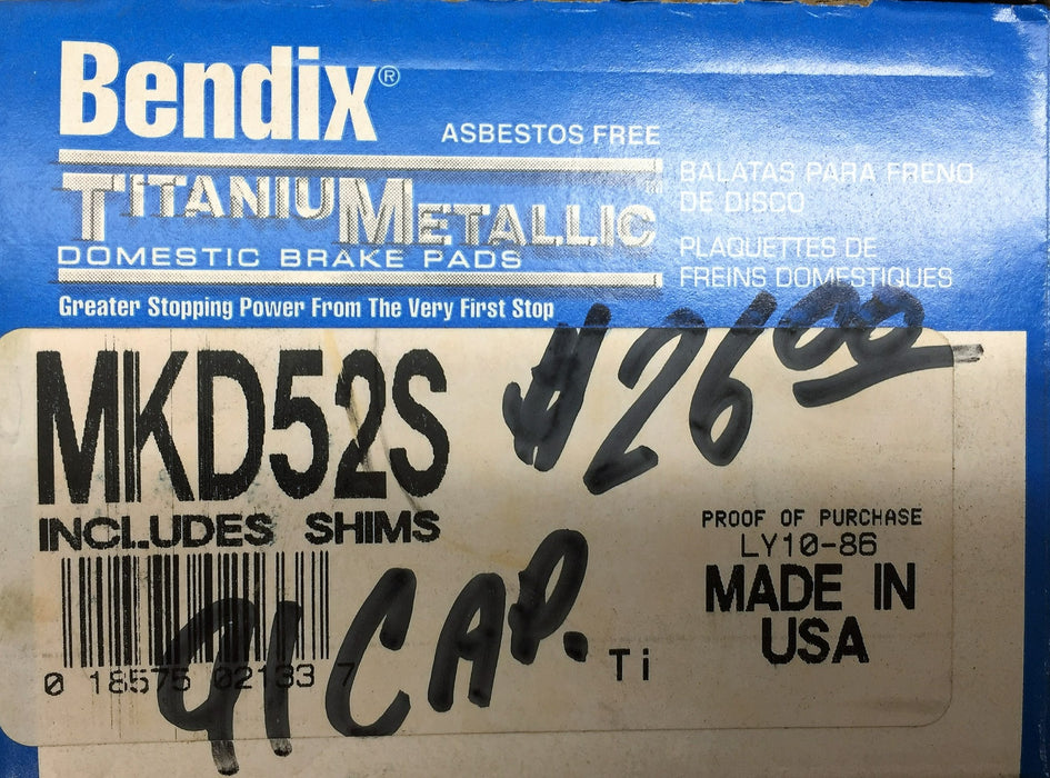 Bendix Titanium Metallic Brake Pad Set MKD52S NOS
