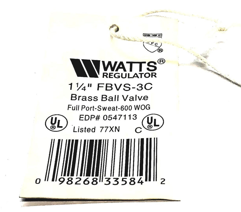 Watts Regulator 1-1/4" Brass Full Port Ball Valve FBVS-3C (0547113) NOS