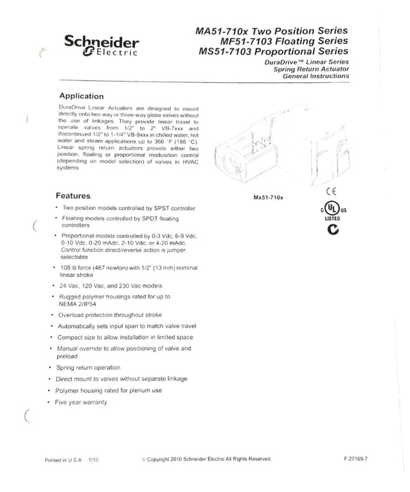 Schneider 24VAC/VDC 50/60HZ 2 Position Actuator Class 2 MA51-7103-100 NOS