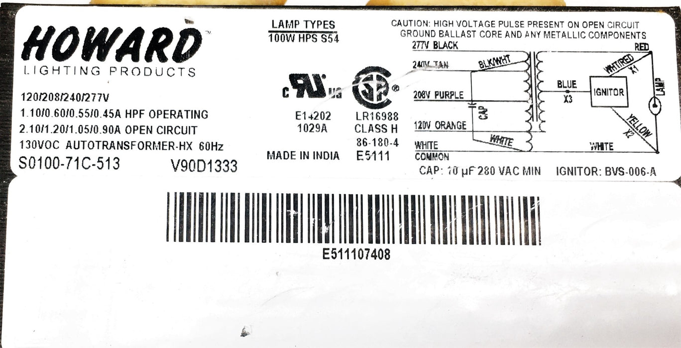 Howard Lighting Products High Pressure Sodium Ballast Kit S-100-4T-HXH-K NOS