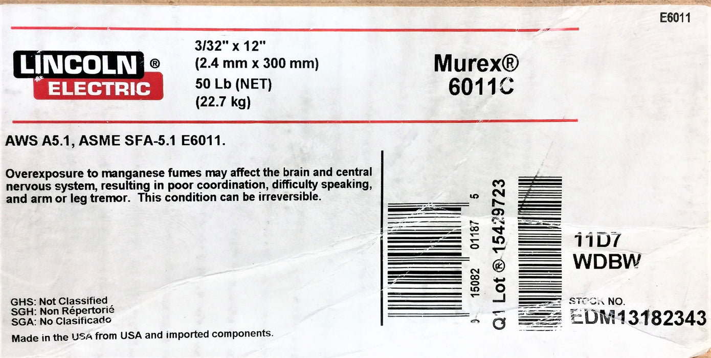 LINCOLN ELECTRIC 3/32" x 12" Murex 6011C Electrode Box EDM13182343 (49lbs.) NOS