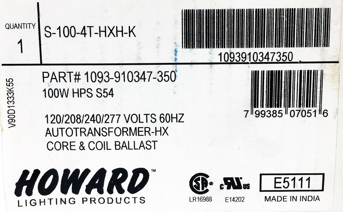 Howard Lighting Products High Pressure Sodium Ballast Kit S-100-4T-HXH-K NOS