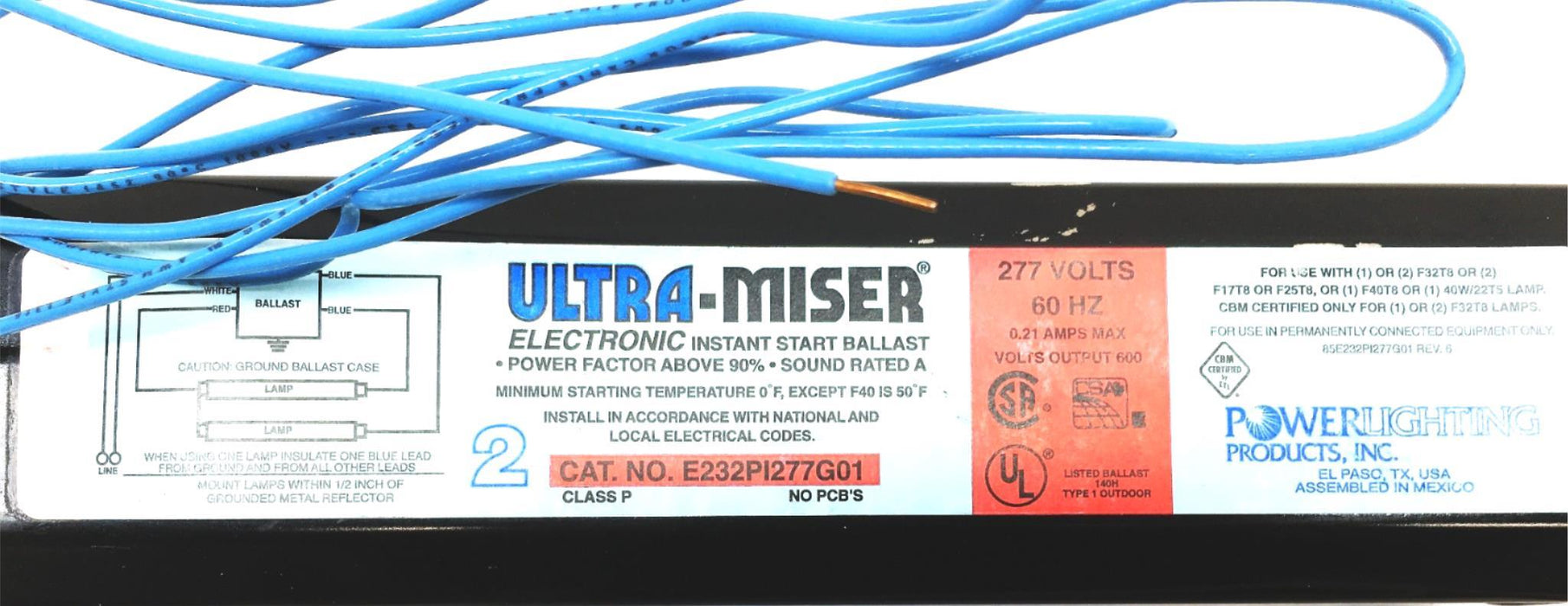 Ultra-Miser 277V 60Hz Electronic Instant Start Ballast E232P1277G01 NOS