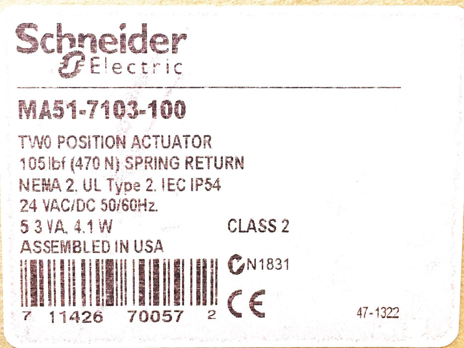 Schneider 24VAC/VDC 50/60HZ 2 Position Actuator Class 2 MA51-7103-100 NOS