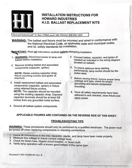 Howard Lighting Products High Pressure Sodium Ballast Kit S-100-4T-HXH-K NOS
