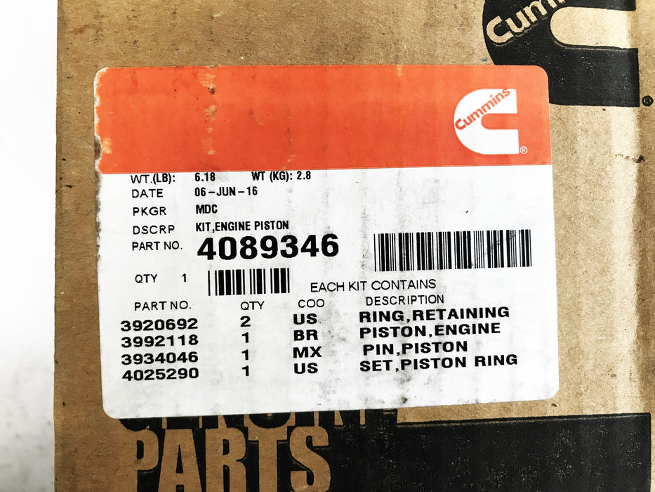 Cummins Engine Piston Kit 4089346 NOS