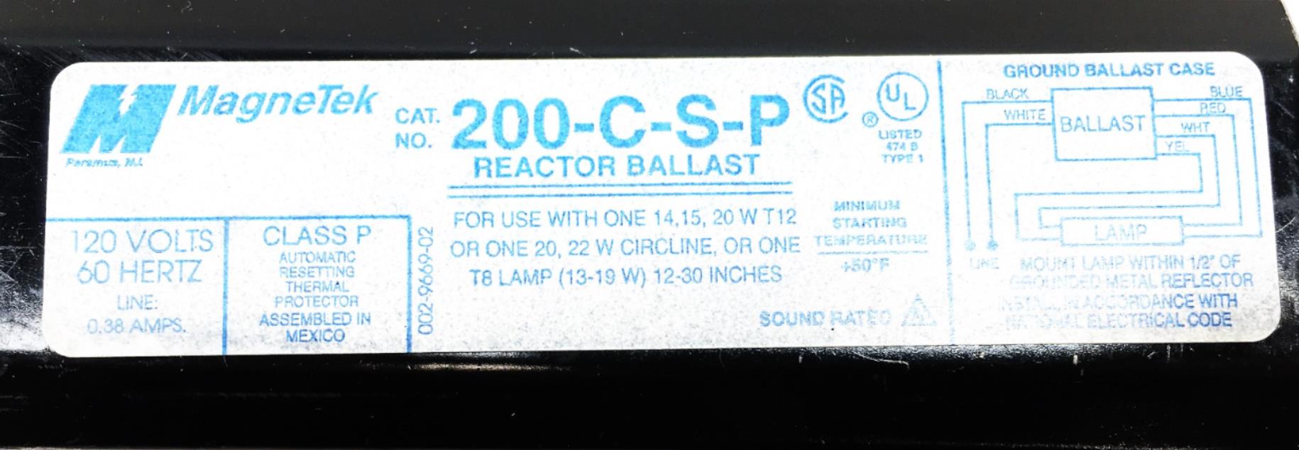 Magnetek 120V 60Hz 0.38A Class P Reactor Ballast 200-C-S-P NOS