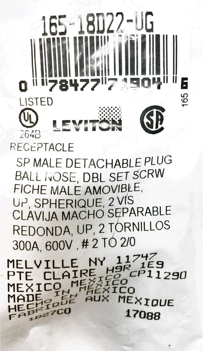 LEVITON Detachable Male Plug 18 Series 18D22-UG (165-18D22-UG) NOS