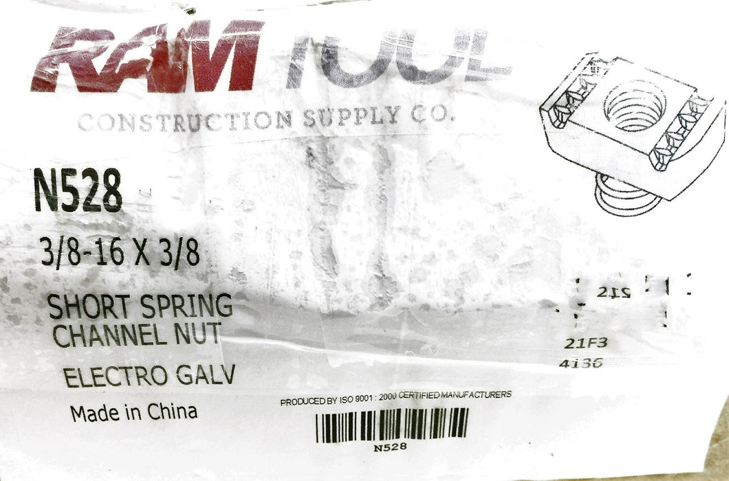 Ram Tool 3/8"-16 X 3/8" Short Spring Channel Nut N528 [Lot of 100] NOS