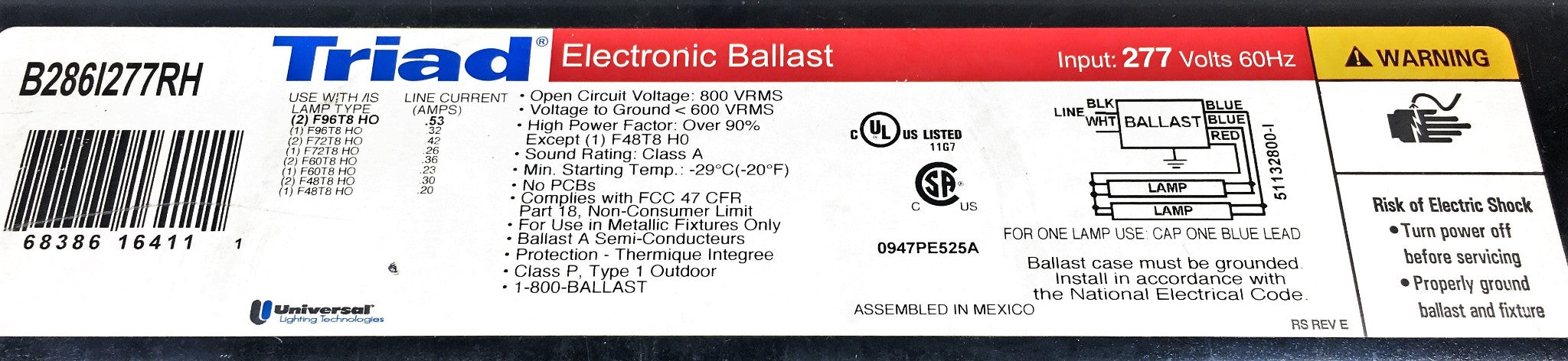 Universal Lighting Triad Electronic Ballast B286I277RH (B286I277RH000C) USED