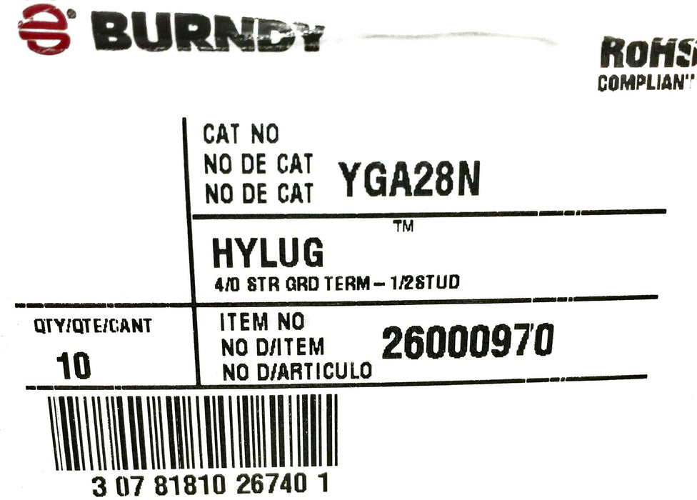 Burndy YGA28N Compression Terminal 4/0 AWG 26000970 [Lot of 10] NOS