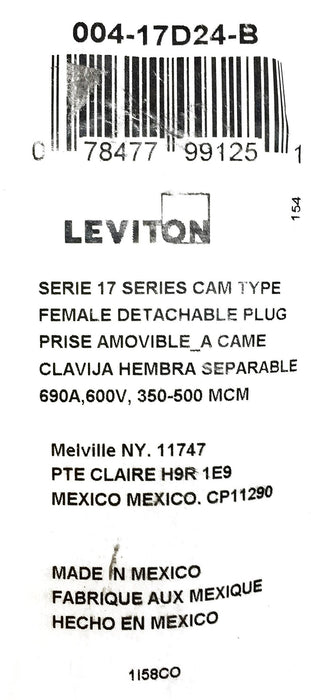 Leviton Series 17 Cam Type Female Detachable Plug 004-17D24-B NOS