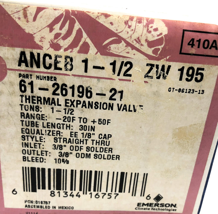 Emerson 3/8" ODF INLET 3/8" ODM Outlet Thermal Expansion Valve 61-26196-21 NOS