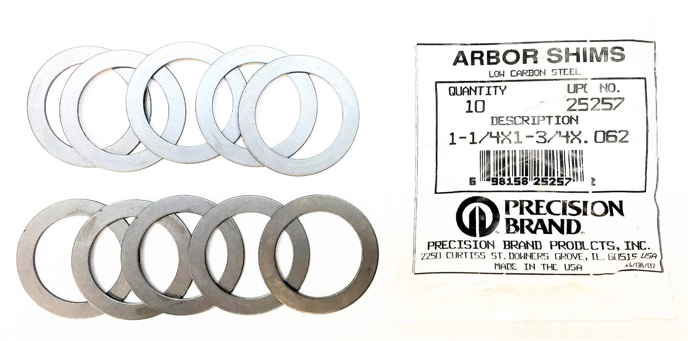 PRECISION BRAND Pack of 1-1/4"x1-3/4" (.062 THK) Arbor Shims (10pcs) 25257 NOS