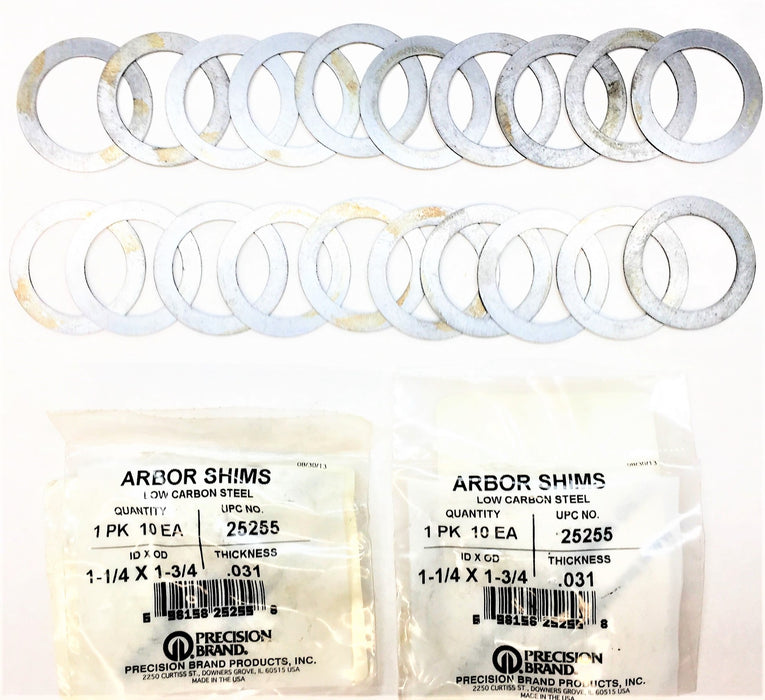PRECISION BRAND 1-1/4"x1-3/4" (.031 THK) Arbor Shim (10pcs) [Lot of 2] 25255 NOS