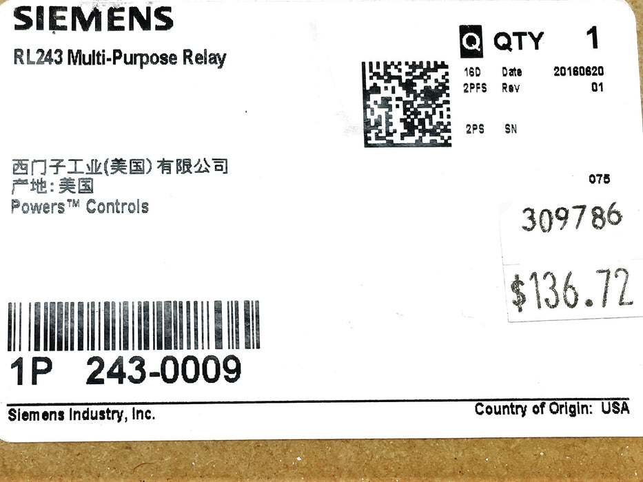 Siemens Power's Controls Multi-Purpose Relay RL243 NOS