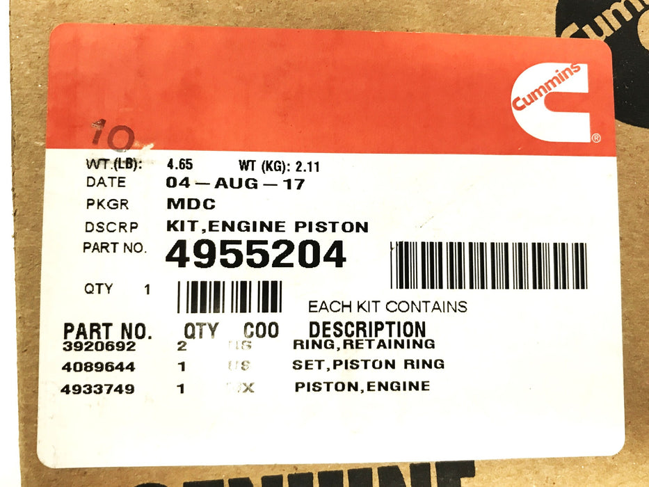 Cummins 4-Piece Engine Piston Kit 4955204 NOS