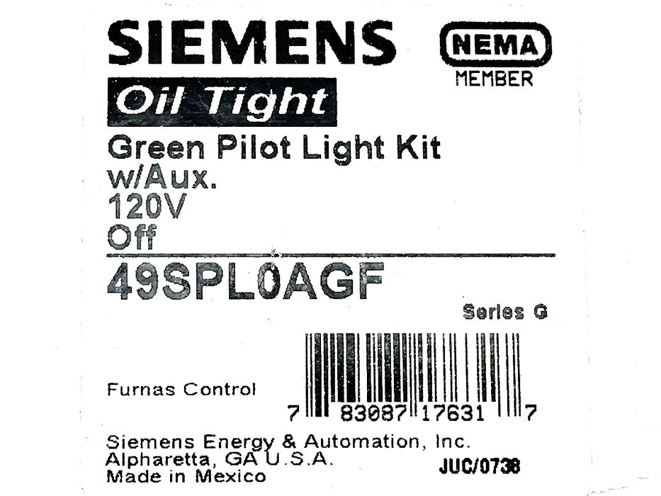 Siemens 120V OFF Green Pilot Light Kit With AUX 49SPL0AGF NOS