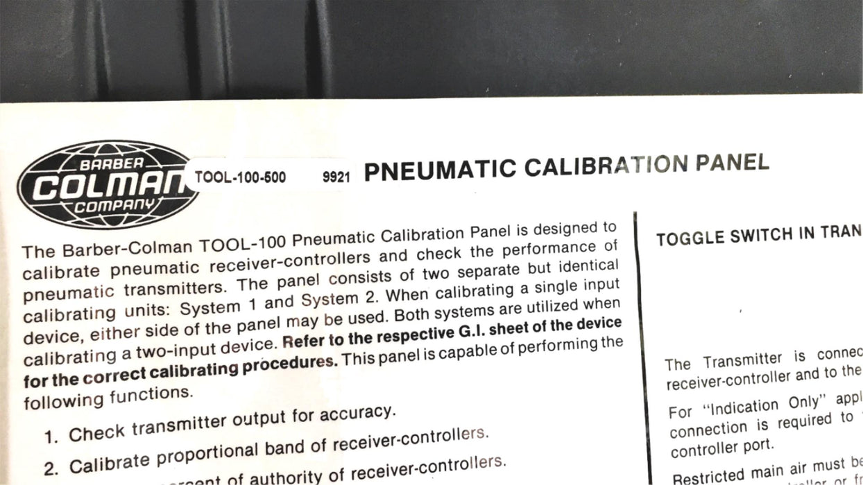 Siebe Barber Colman 9921 Pneumatic Calibration Panel TOOL-100-500 (TOOL-100) NOS