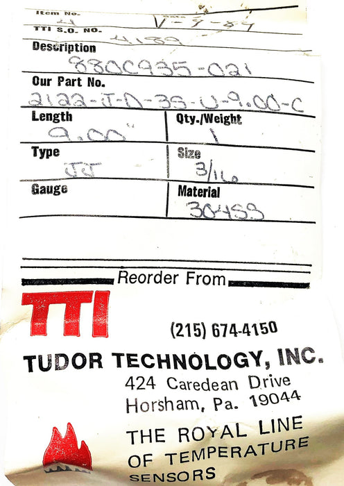 Tudor Technology Thermocouple 880C935-021 NOS