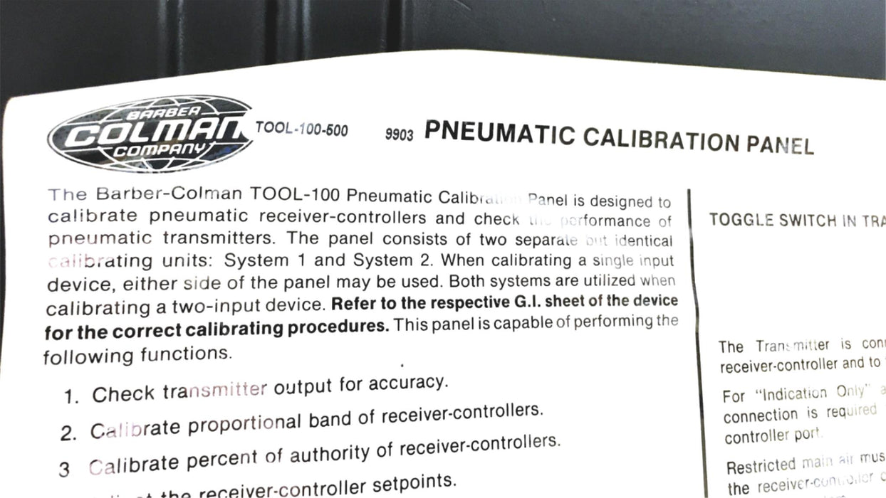 Siebe BarberColman 9903 Pneumatic Calibration Panel TOOL-100-500 (TOOL-100) NOS