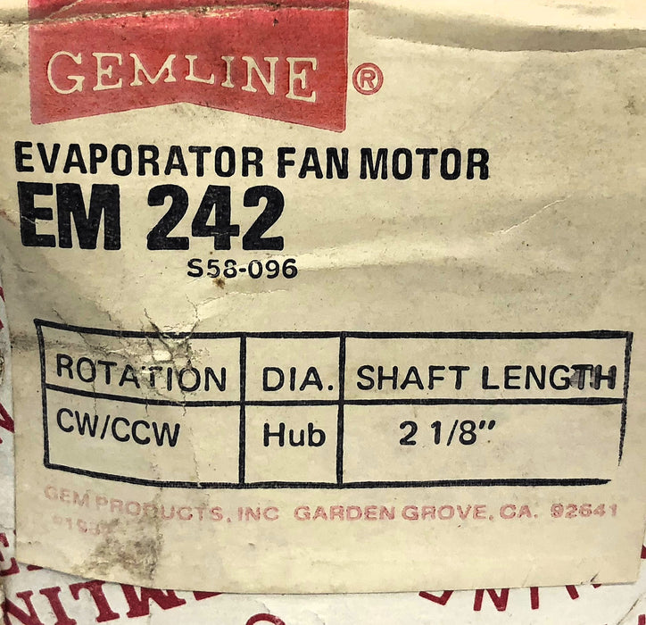 Gemline 120V 60HZ Evaporator Fan Motor NO Hardware EM242 (EM-242) [Lot of 3] NOS