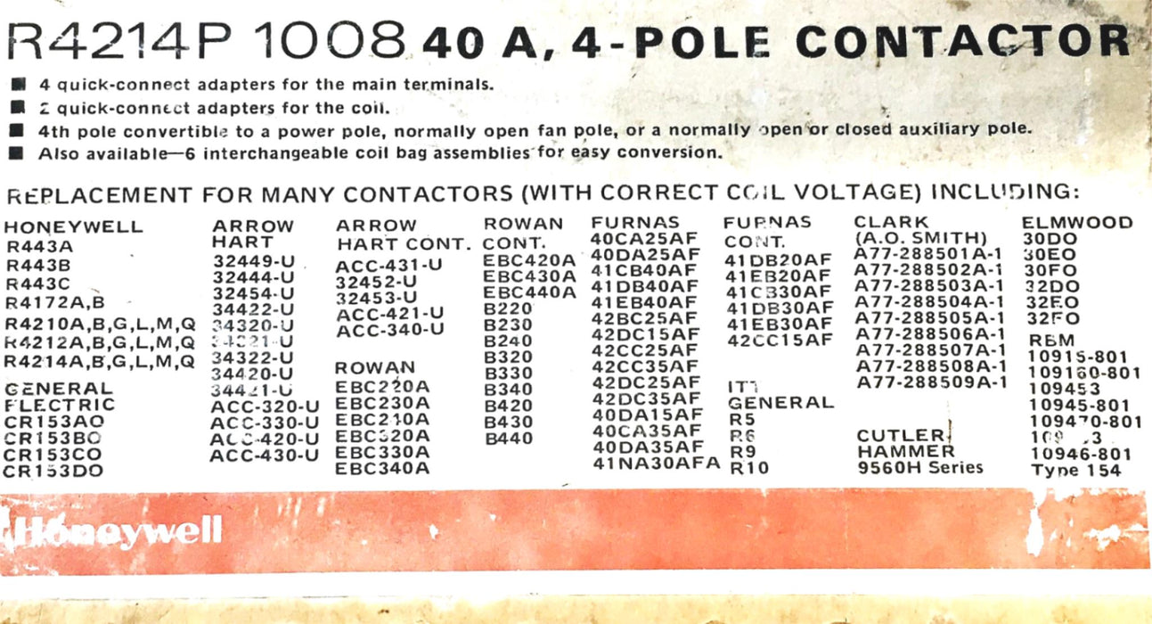 Honeywell 40 A 4 Pole Connection R4214P 1008 USED