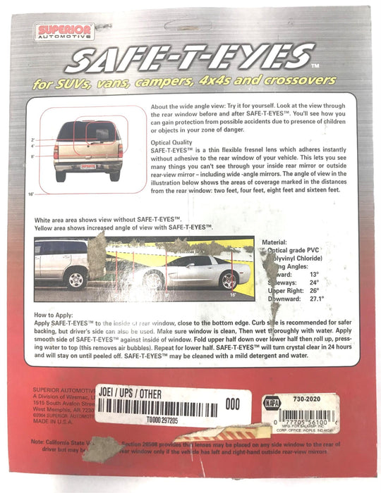 Superior Automotive Safe-T-Eyes 8"x10" Wide Angle Rear Window Lens 730-2020 NOS