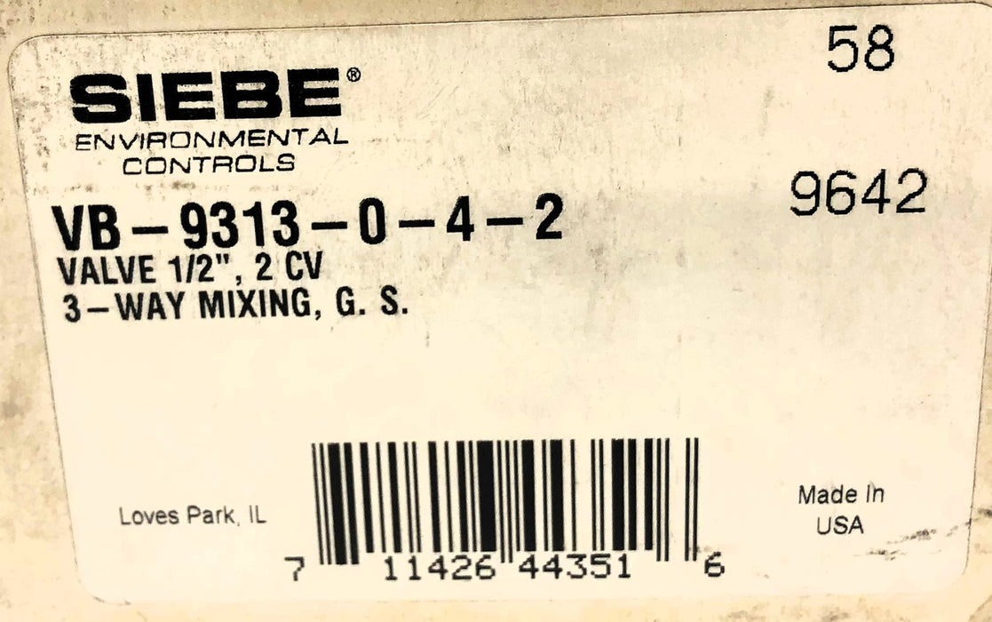Siebe 1/2" 3-Way 2 CV Mixing Valve VB-9313-0-4-2 (9642) NOS