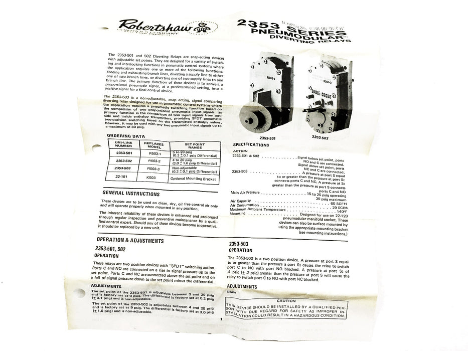 Robertshaw Pneumodular Diverting Relay 2353-502 NOS