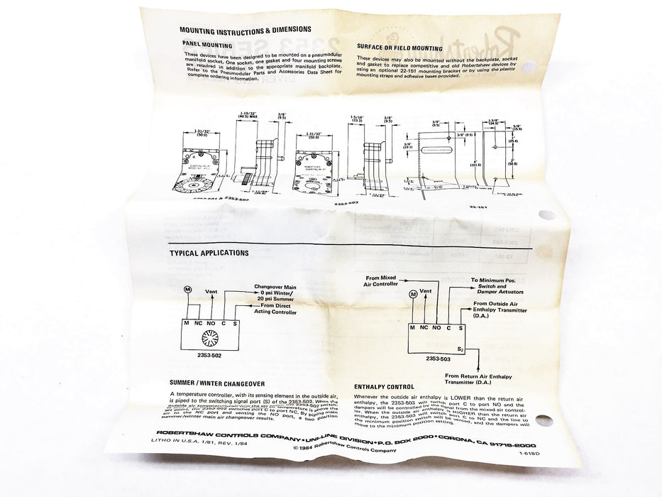 Robertshaw Pneumodular Diverting Relay 2353-502 NOS