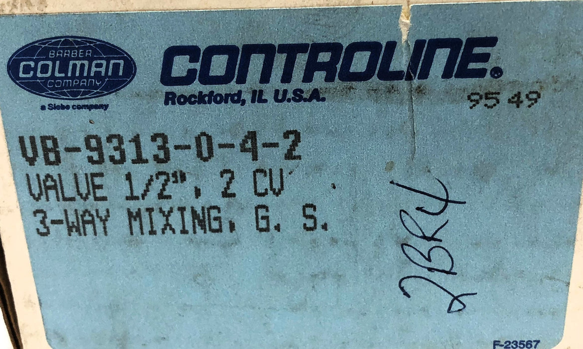 Barber Colman Controline 1/2" 3-Way 2 CV Mixing Valve VB-9313-0-4-2 (9549) NOS