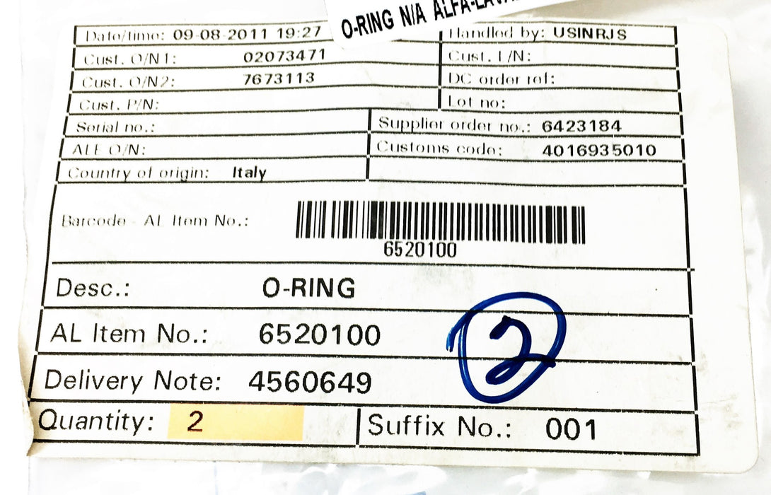 Alfa Laval O-Ring 6520100 [Lot of 2] NOS