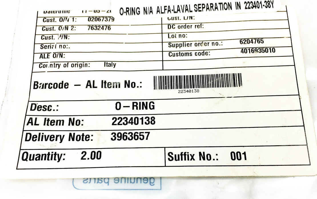 Alfa Laval O-Ring 22340138 [Lot of 2] NOS