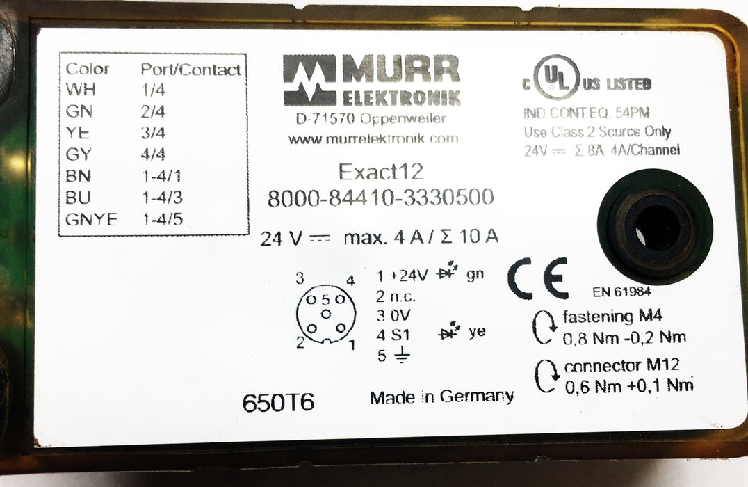 Murr Elektronik 12 Foot 4 Pole Molded Cable 8000-84410-3330500 USED