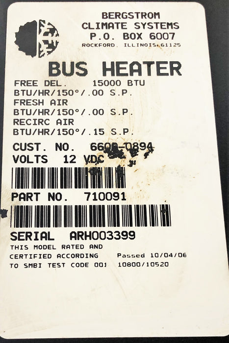 Bergstrom Climate Systems Bus Heater UNTESTED 710091 USED
