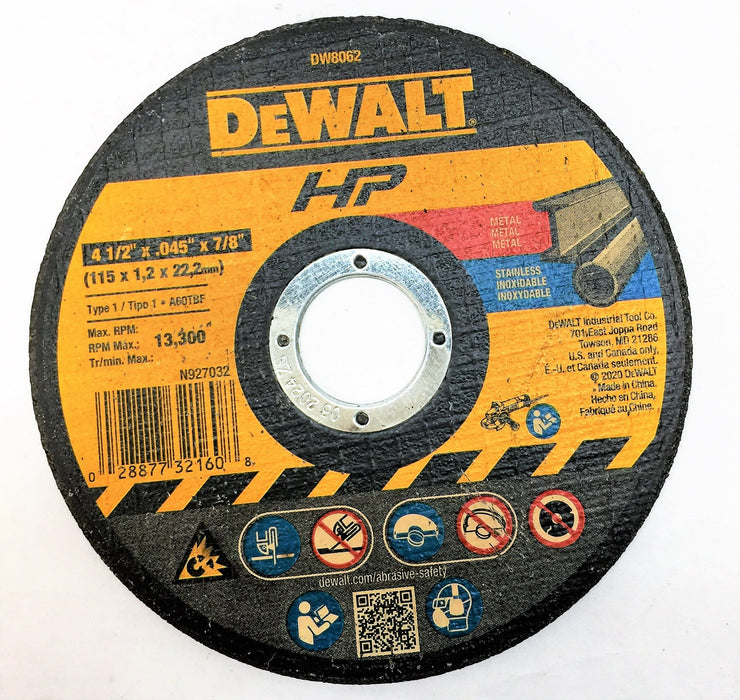 DEWALT 4.5-inch Type 1 HP Metal Cutting Wheel DW8062 NOS