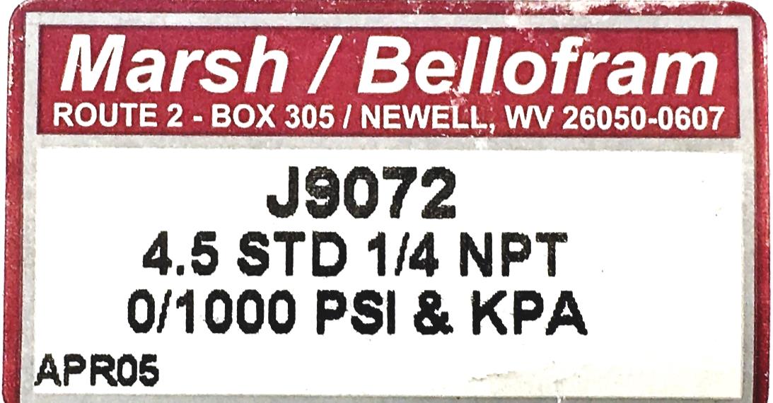 Marsh/Bellofram 4-1/5 Inch STD 1/4 NPT 0/1000 PSI KPA Gauge J9072 NOS