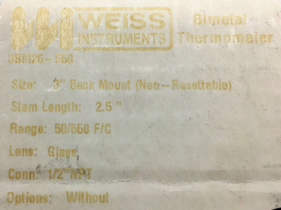 Weiss 3 Inch Back Mount 2-1/2 Inch Stem Bimetal Thermometer 3BM25-550 NOS