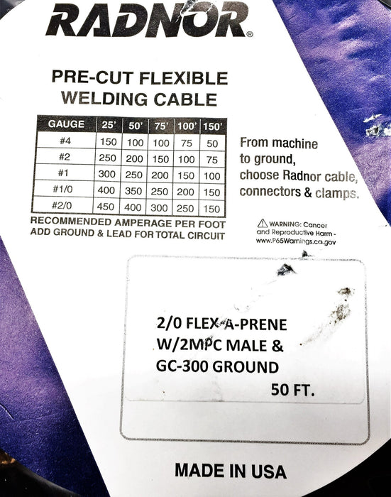 Radnor Pre-Cut Welding Cable 2/0 Flex-a-Prene w/2MPC Male and GC-300 Ground NOS