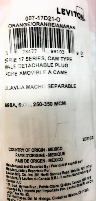Leviton 17 Series Male Orange Detachable Plug Double Set Screw 007-17D21-O NOS