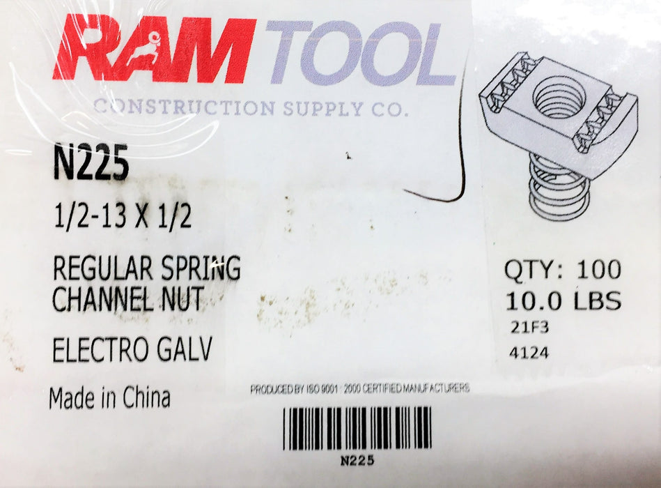 RamTool 1/2"-13 X 1/2" Regular Spring Channel Nut N225 [Lot of 100] NOS